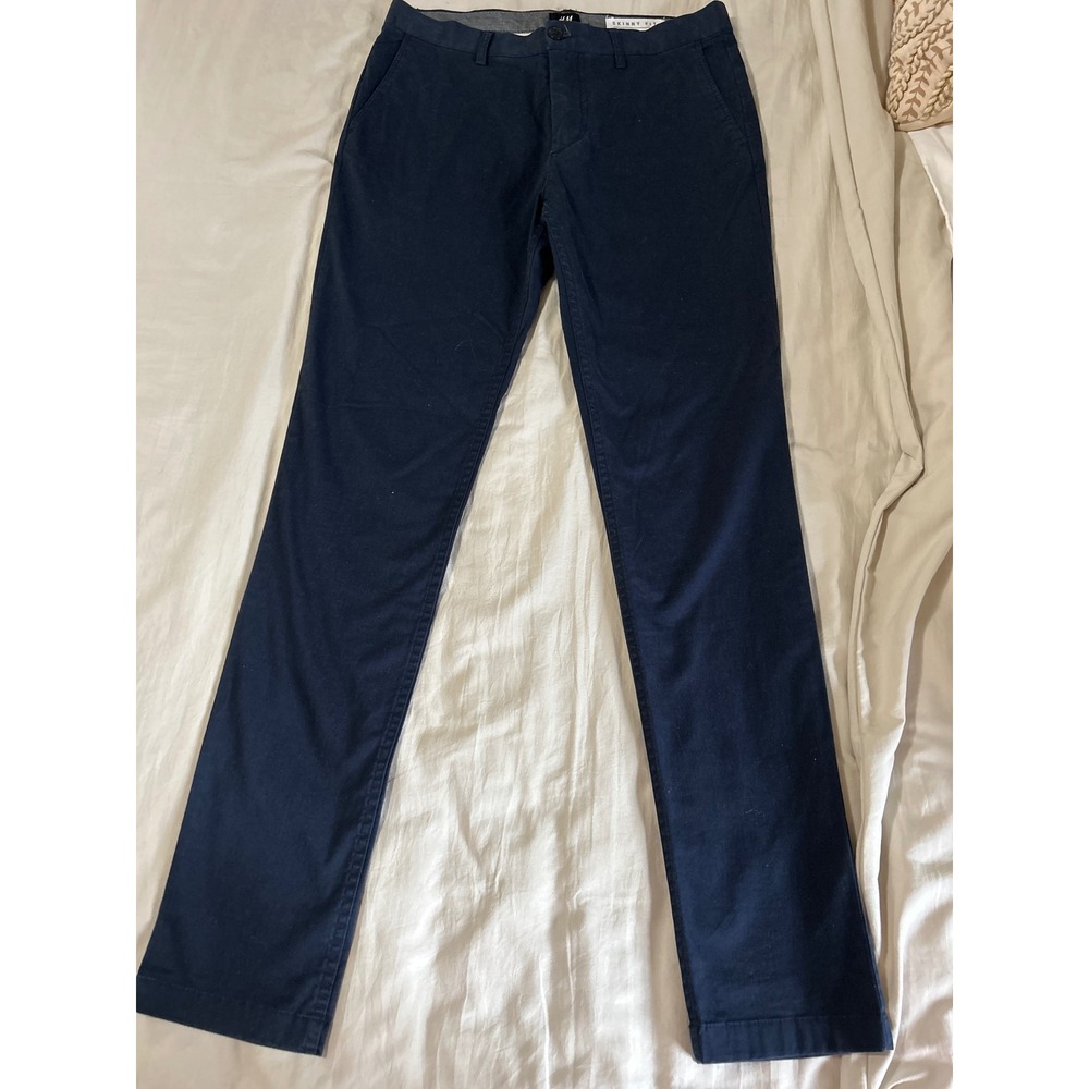 HM Skinny Fit Chinos Mens 32R Navy Blue‎ Stretch Cotton Trousers P/N 0223589 0